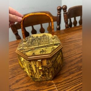 Vintage Hexagonal Handbag with Cityscape Design